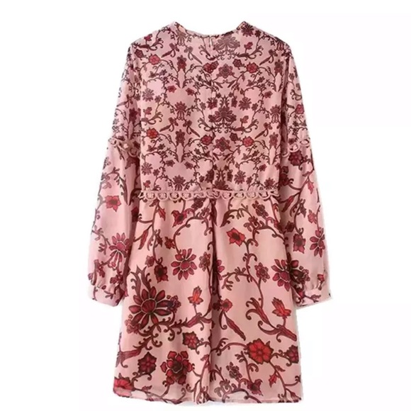 Long Sleeve Boho Floral Gypsy Print Dress Pink - Picture 9 of 14
